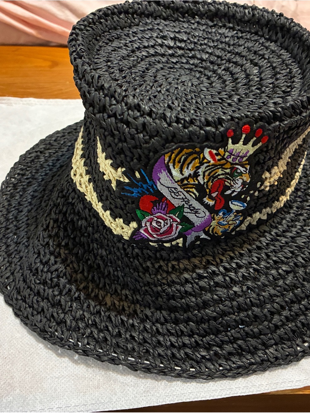Ed Hardy Black Straw Wide-Brim Hat with Embroidered Tiger Patch